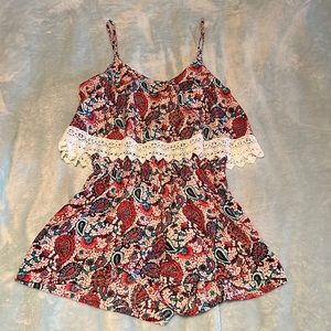 Socialite Paisley Print Romper with Pockets & Lace Trim